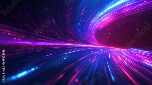 Abstract futuristic background with light speed lines in dark blue and purple, high resolution tech design
