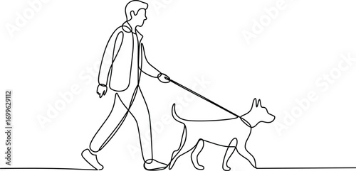 Minimalist line art of person walking dog on leash, outdoor activity, pet care, exercise, healthy lifestyle, companionship, simple design, perfect for pet lovers and wellness projects