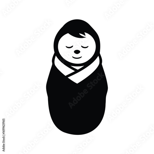 Simple depiction of a newborn baby swaddled with closed eyes and smile, newborn baby wrapped in blanket silhouette vector illustration