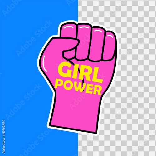 Pop art sticker design of a raised pink fist with Girl Power text. A graphic symbol for feminism, equality, and female empowerment