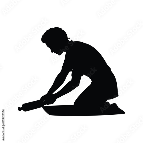 Silhouette of person on knees using a rolling pin, isolated on white, person rolling dough silhouette vector illustration