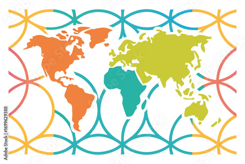 Colorful World Map with Interlocking Geometric Pattern Overlay globe earth