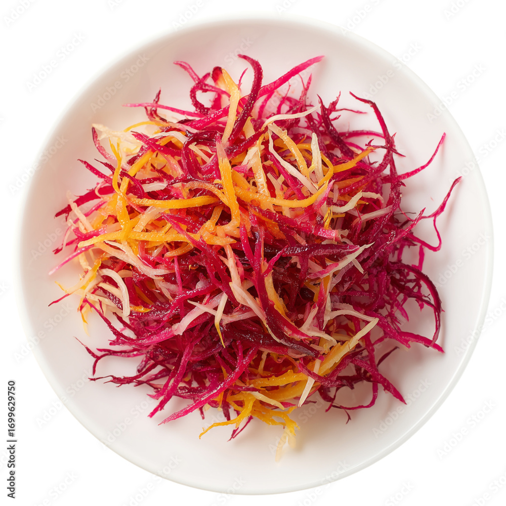 Fototapeta premium bit root salad. Shredded red, yellow, and white vegetables in white bowl. dish highlights fresh ingredients, vibrant colors, and culinary simplicity. healthy eating, food presentations. pngi