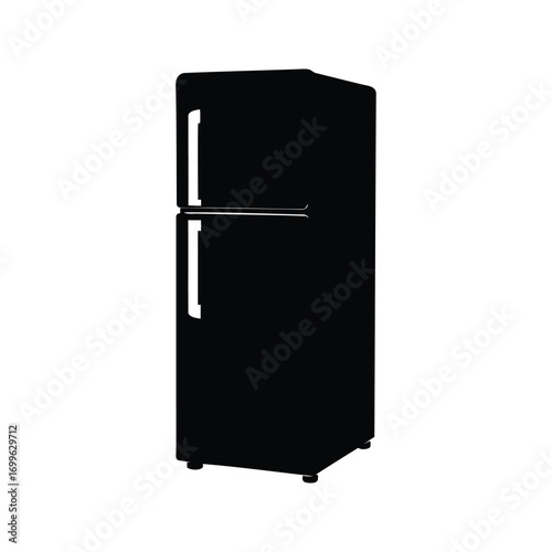 Retro style black refrigerator with top freezer standing in front view, refrigerator silhouette vector illustration
