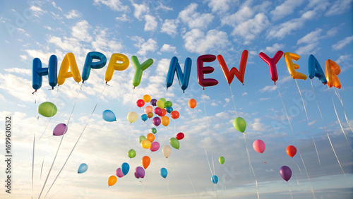 Sky background filled with vibrant balloons floating upward creating cheerful festive mood