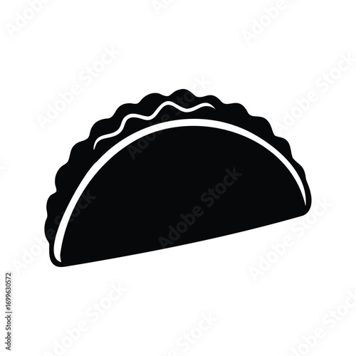 Simple graphical representation of empanada shaped pastry in bold silhouette style, taco with meat silhouette vector illustration