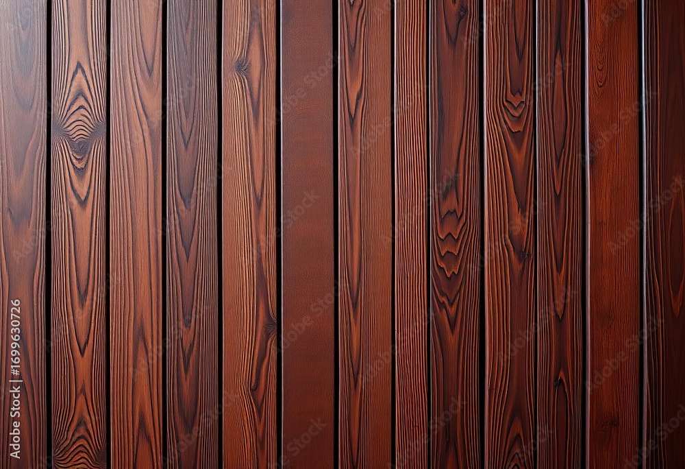 Fototapeta premium Rich, dark brown wood panels, vertical grain texture, wooden background, backdrop