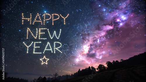 Starry cosmic background where glowing stars align to form happy new year festive text