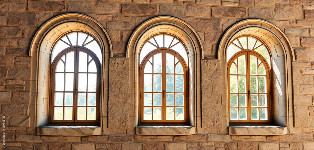 Obraz premium Three elegant arched windows in a weathered stone wall, sunlight streaming through, weathered, home