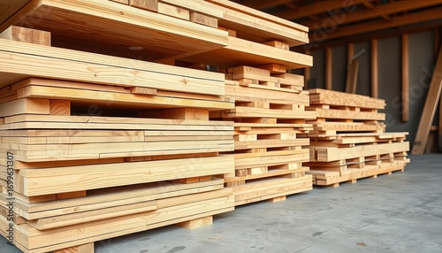 Stack of new untreated construction wood panels ready for building project,  substrate,  carpentry