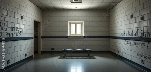 Stark, bare detention room; metal bench, single window, harsh lighting,  official,  immigration