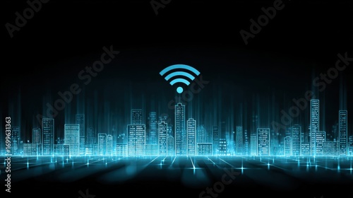 Blue Cityscape Silhouette with WiFi Symbol