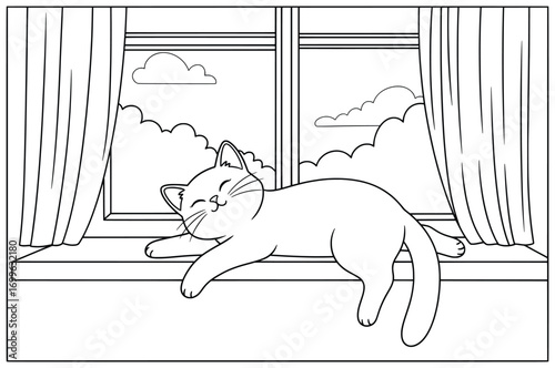 Cat illustration of a happy pet sleeping on a windowsill with curtains and clouds outside, designed as a charming vector line art style perfect for children’s coloring and creative design projects