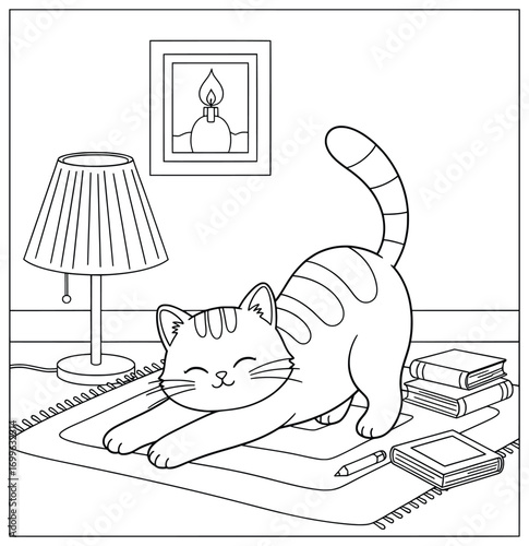 Cat illustration of a playful pet stretching on a rug in a cozy indoor room with books and a lamp, created as a charming vector line art design perfect for children’s coloring and decorative projects