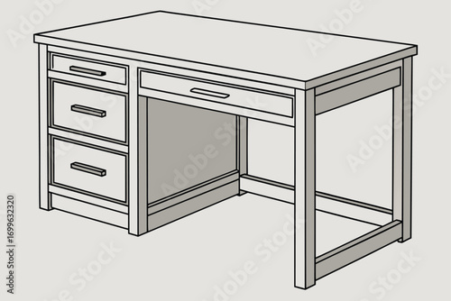 Isometric drawing of a wooden desk with drawers and open cubby office furniture