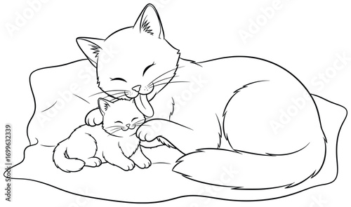 Cat illustration of a mother pet grooming her kitten lovingly on a blanket, created as a sweet and playful vector line art artwork perfect for children’s coloring pages and decorative design projects