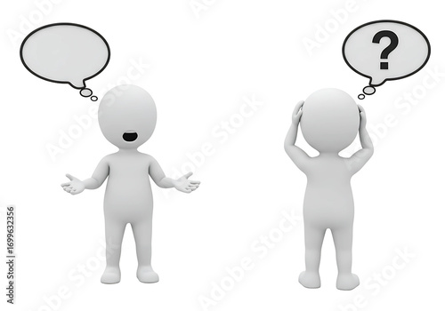 Two 3d figures one confused with question mark speech bubble isolated on transparent background