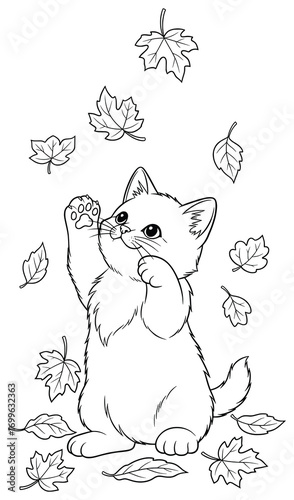 Cat illustration of an adorable pet playing happily with falling autumn leaves, created as a playful and charming vector line art artwork perfect for children’s coloring pages and decorative projects