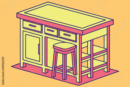 Isometric Kitchen Island with Stool and Shelving Unit furniture