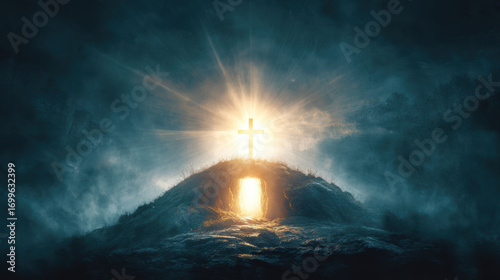 Glowing cross stands atop hill with radiant light emanating from open tomb, symbolizing hope and resurrection