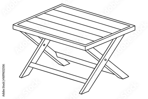 Isometric Line Art Illustration of a Foldable Wooden Slatted Table outdoor