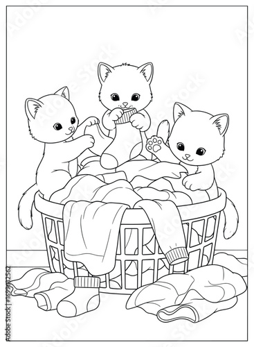 Cat illustration of three playful kittens happily sitting in a laundry basket filled with clothes, designed as charming fun and creative vector line art artwork perfect for coloring and decoration