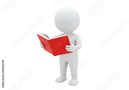 White 3d figure reading an open red book isolated on transparent background