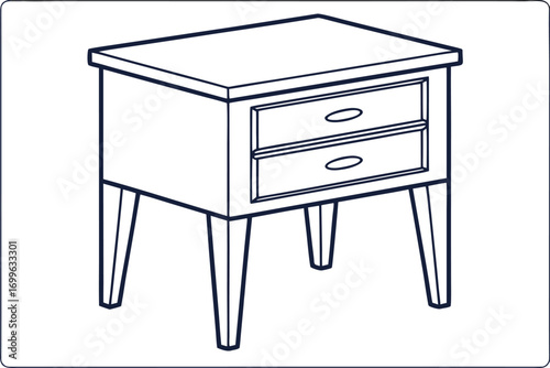 Isometric Outline Drawing of a Two- Drawer Bedside Table with Tapered Legs Keywords: bedside table