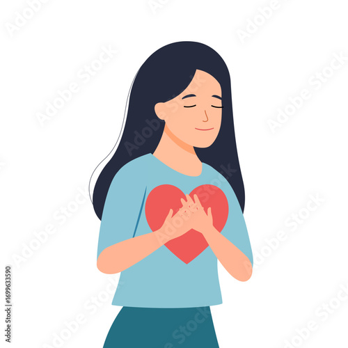 Peaceful girl holding red heart in her hands, happy girl loves herself. Concept of psychology, mental health and self love