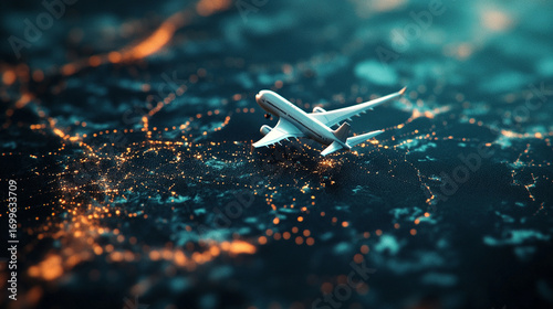 Airplane flying over a glowing city at night a journey across the world