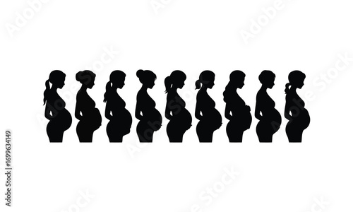 Black silhouettes of pregnant women in profile showing progression