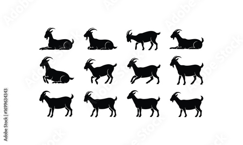 Twelve black goat silhouettes in various poses on white
