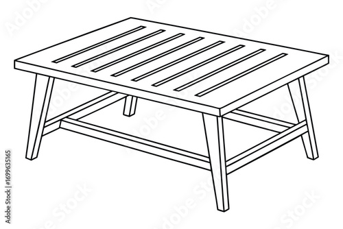 Line Art Sketch of a Rectangular Slatted Coffee Table with Angled Legs rectangular table slatted table