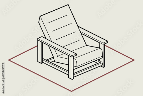 Line Art Isometric Drawing of a Reclining Armchair on a Square Base furniture