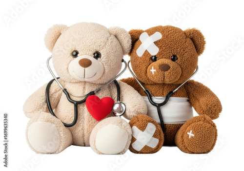 Two plush teddy bears, one beige with red heart and one brown with bandages, both with stethoscopes, seated closely on transparent, soft studio light. Childhood health and compassionate care