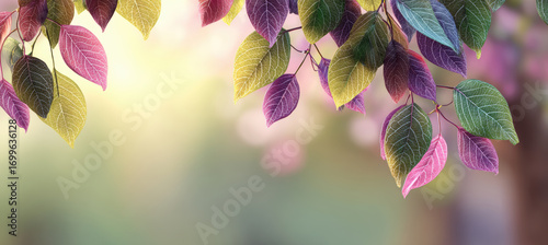 Colorful leaves with soft, blurred background create serene and vibrant nature scene