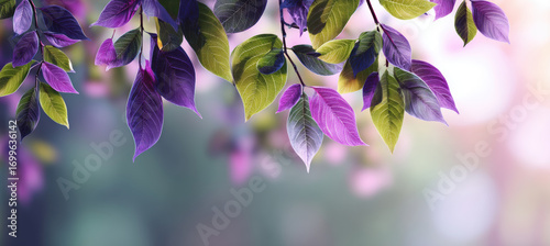 Vibrant purple and green leaves hang gracefully against soft, blurred background, creating serene and dreamy atmosphere