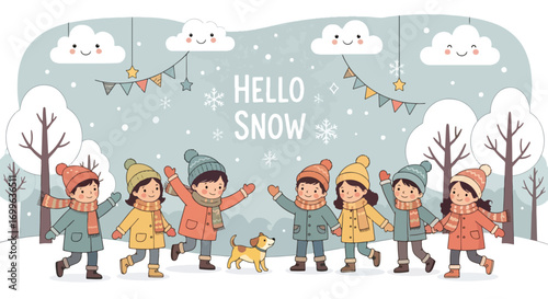 Adobe illustrator artwork vector illustration. Diverse group of happy children in winter clothes, accompanied by their dogs, playing joyfully in a snowy landscape under a "Hello Snow" banner