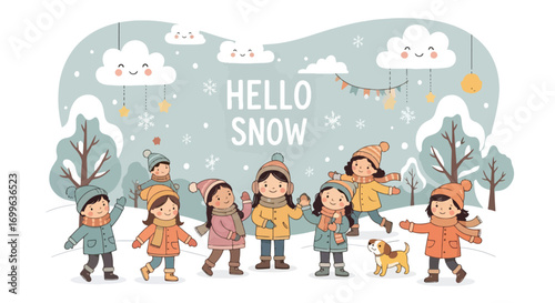 Adobe illustrator artwork vector illustration. Diverse group of happy children in winter clothes, accompanied by their dogs, playing joyfully in a snowy landscape under a "Hello Snow" banner