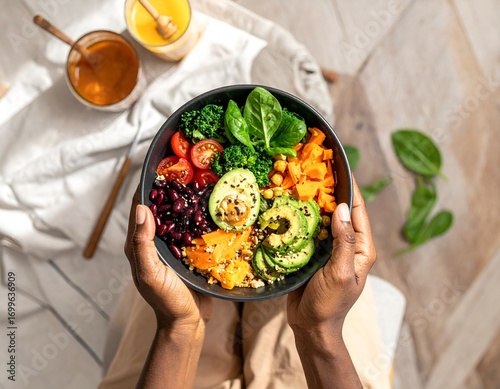 Person Holding a Vibrant Plant based Buddha Bowl Indoors