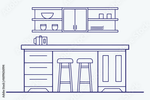 Modern Kitchen Island with Stools and Wall Cabinets Line Art counter