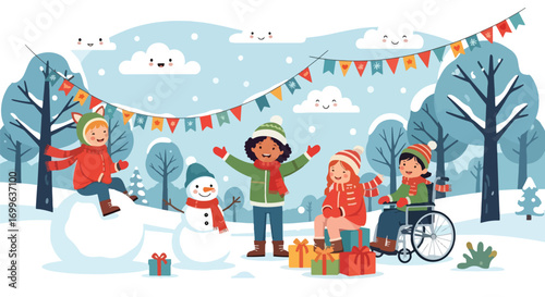 Adobe illustrator artwork vector illustration. Diverse group of happy children, including one in a wheelchair, celebrating winter holidays with a snowman and gifts under festive banners, in a cheerful