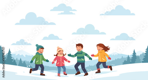 Adobe illustrator artwork vector illustration. Diverse group of happy children, including one in a wheelchair, celebrating winter holidays with a snowman and gifts under festive banners, in a cheerful