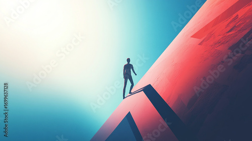 Silhouette of a person walking on a red and blue incline towards bright light