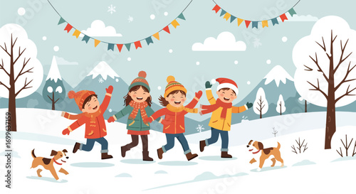 Adobe illustrator artwork vector illustration. Diverse group of happy children, including one in a wheelchair, celebrating winter holidays with a snowman and gifts under festive banners, in a cheerful