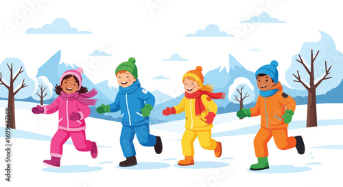 Adobe illustrator artwork vector illustration. Diverse group of happy children, including one in a wheelchair, celebrating winter holidays with a snowman and gifts under festive banners, in a cheerful