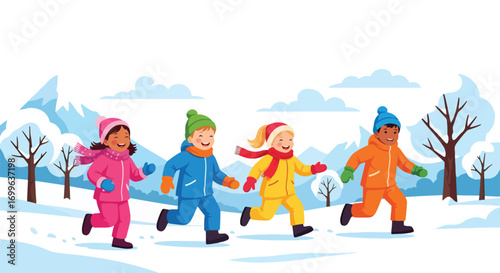 Adobe illustrator artwork vector illustration. Diverse group of happy children, including one in a wheelchair, celebrating winter holidays with a snowman and gifts under festive banners, in a cheerful