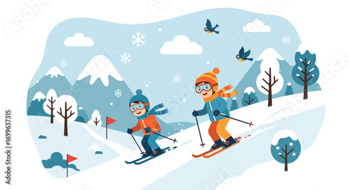 Adobe illustrator artwork vector illustration. Two cheerful children in colorful winter gear, including goggles and hats, happily ski down a snowy mountain slope with flags, surrounded by pine trees