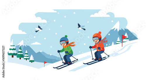 Adobe illustrator artwork vector illustration. Two cheerful children in colorful winter gear, including goggles and hats, happily ski down a snowy mountain slope with flags, surrounded by pine trees