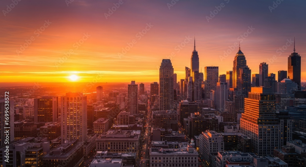 Fototapeta premium Spectacular Cityscape at Sunrise with Golden Light over Urban Skyline